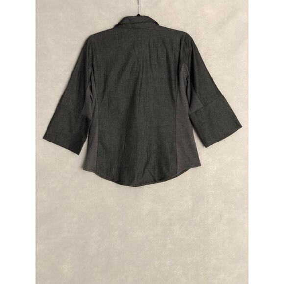 NY Collection Petite Women's PM Chambray Knit Panel Button Down Top Charcoal NEW - Picture 5 of 7